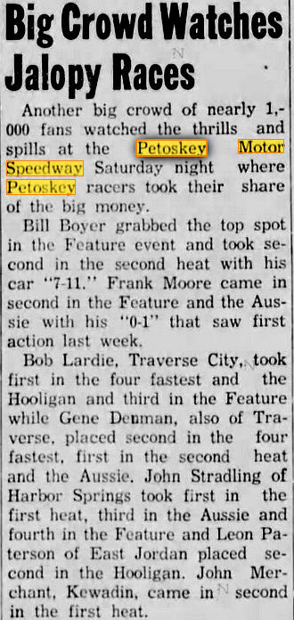 Petoskey Motor Speedway - Jul 30 1956 Article